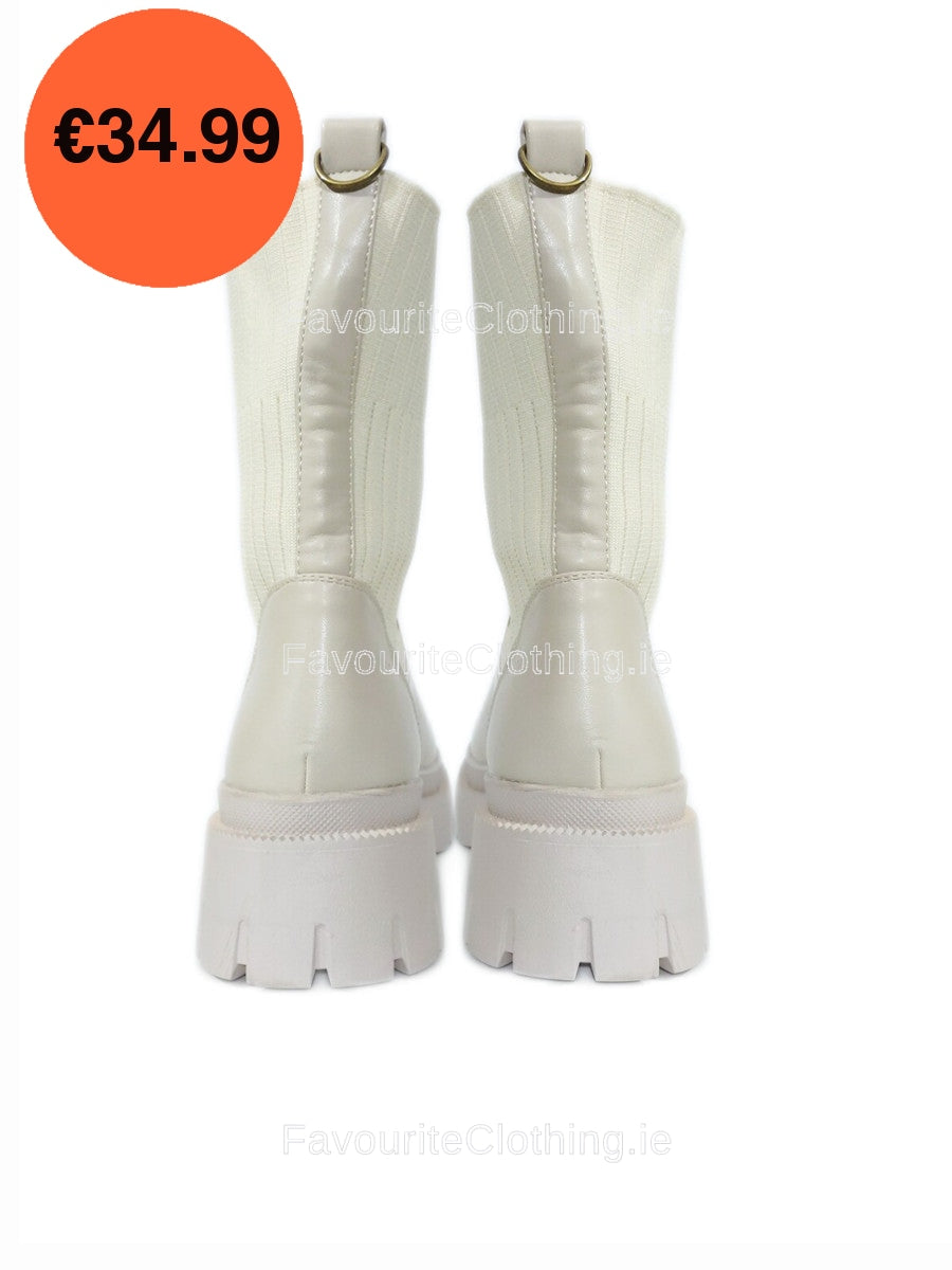 Cream Chunky Sock Knit Ankle Boots