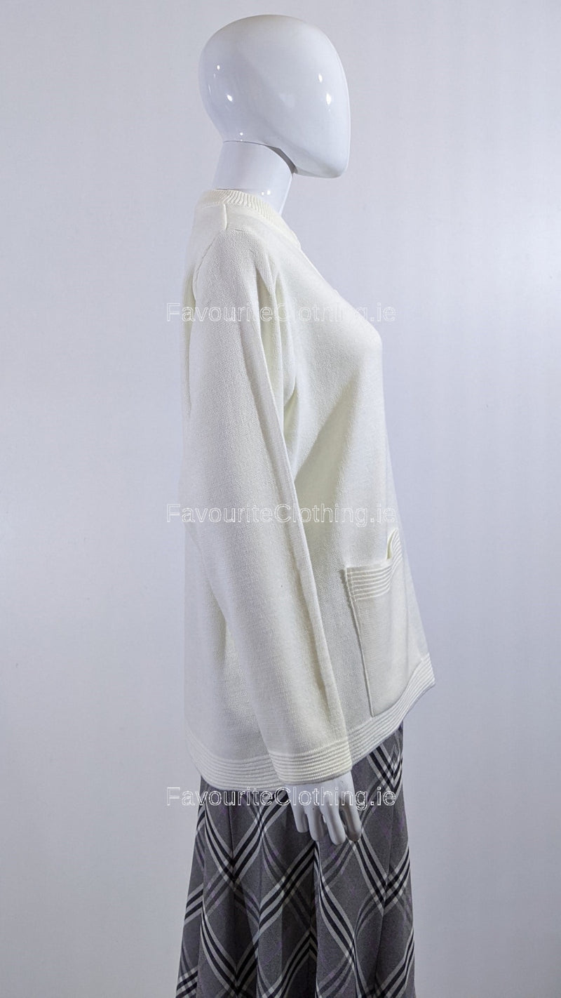 Cream Round Neck Button Pocket Cardigan