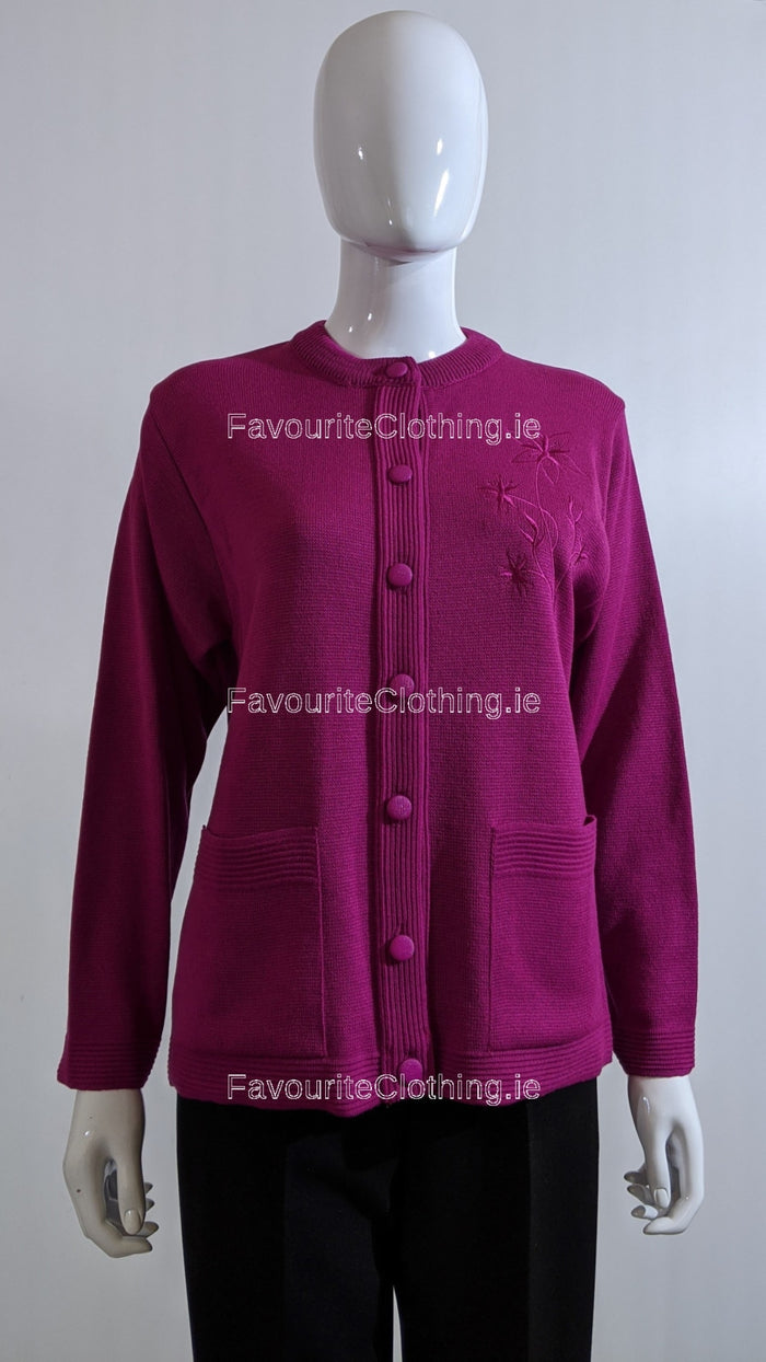 Fuchsia Round Neck Button Pocket Cardigan