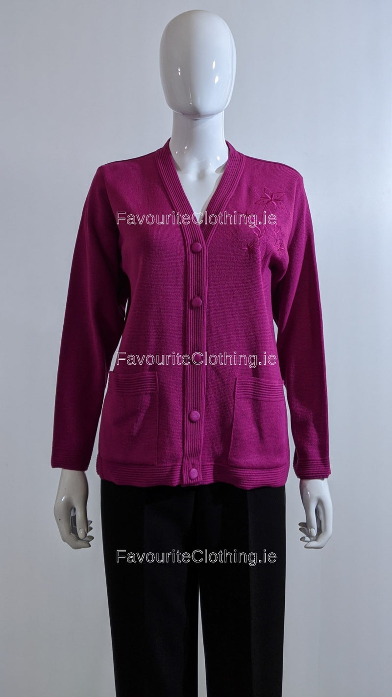 Fuchsia V-Neck Button Pocket Cardigan