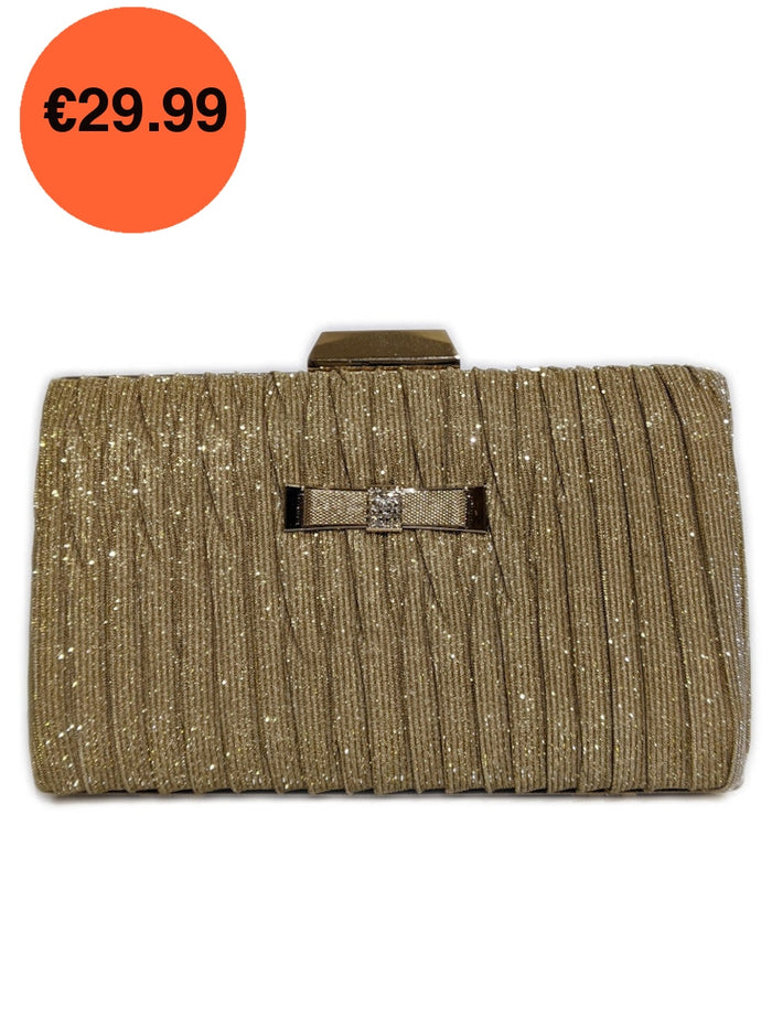 Gold Pleated Glitter Clutch Bag with Handle