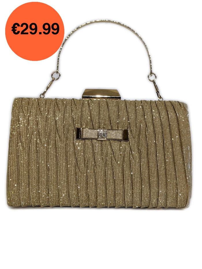 Gold Pleated Glitter Clutch Bag with Handle