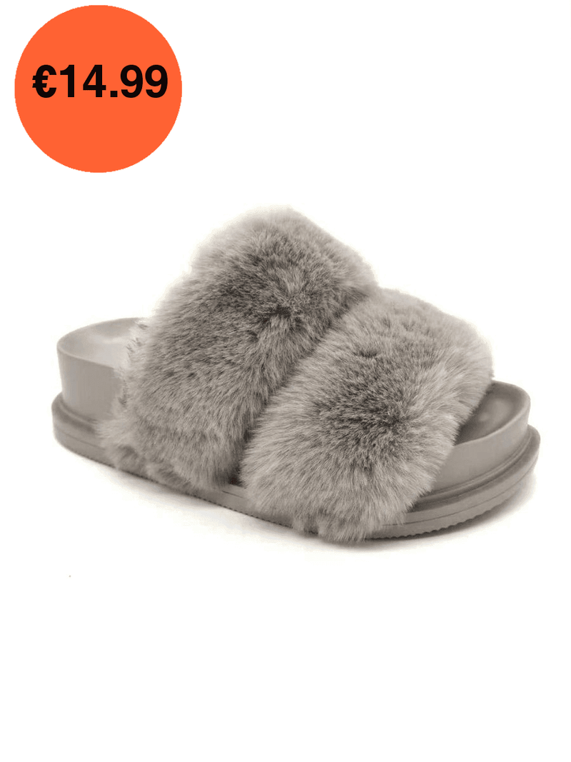 Grey Chunky Platform Two Strap Fur Fluffy Sliders