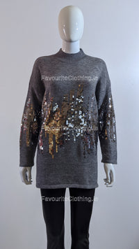 Grey Oversized Sequin High Neck Jumper