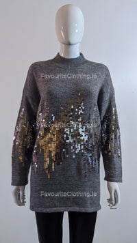 Grey Oversized Sequin High Neck Jumper