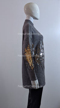 Grey Oversized Sequin High Neck Jumper