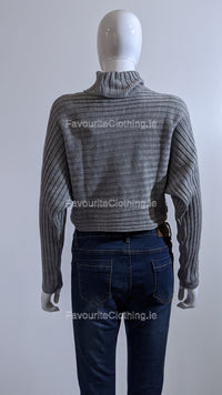 Grey Ribbed Polo Neck Knit Jumper