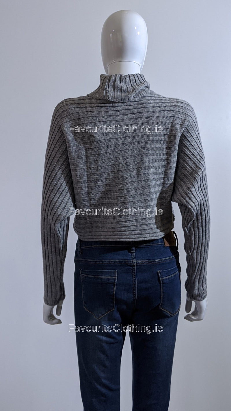 Grey Ribbed Polo Neck Knit Jumper