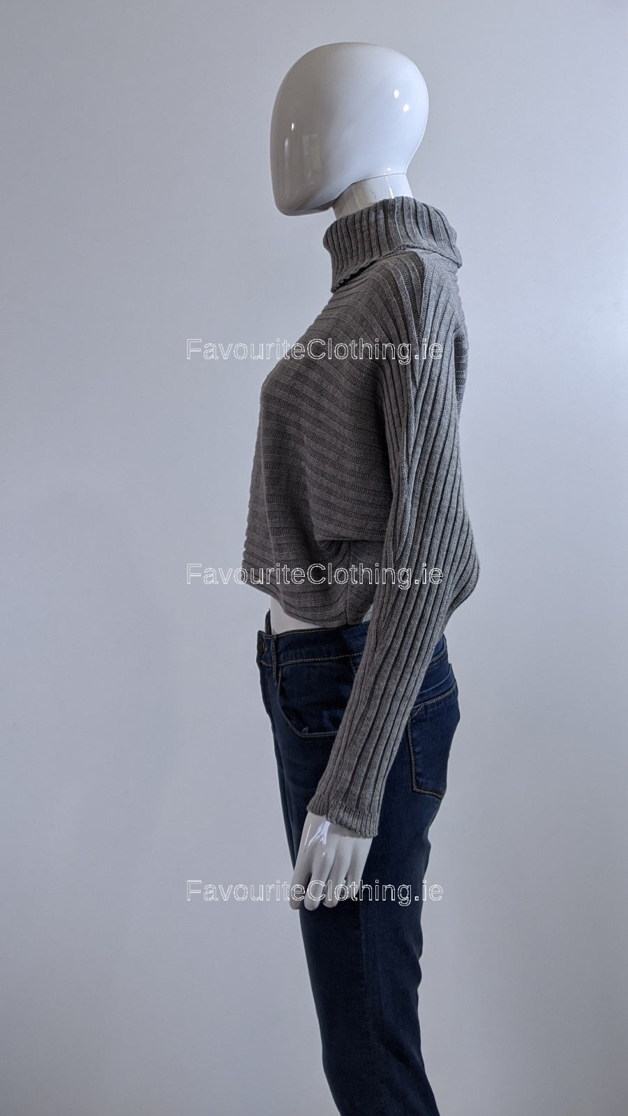 Grey Ribbed Polo Neck Knit Jumper