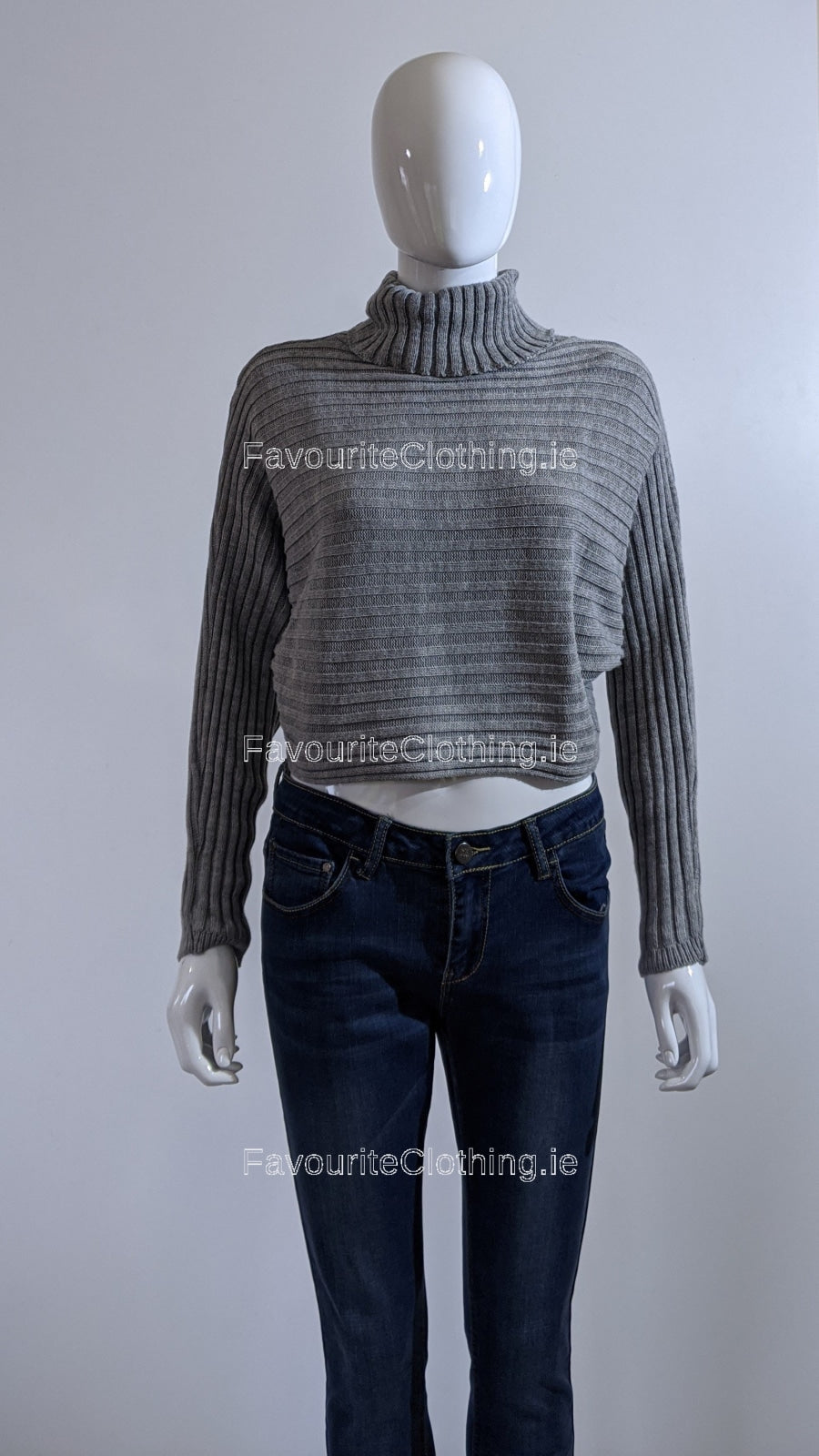 Grey Ribbed Polo Neck Knit Jumper