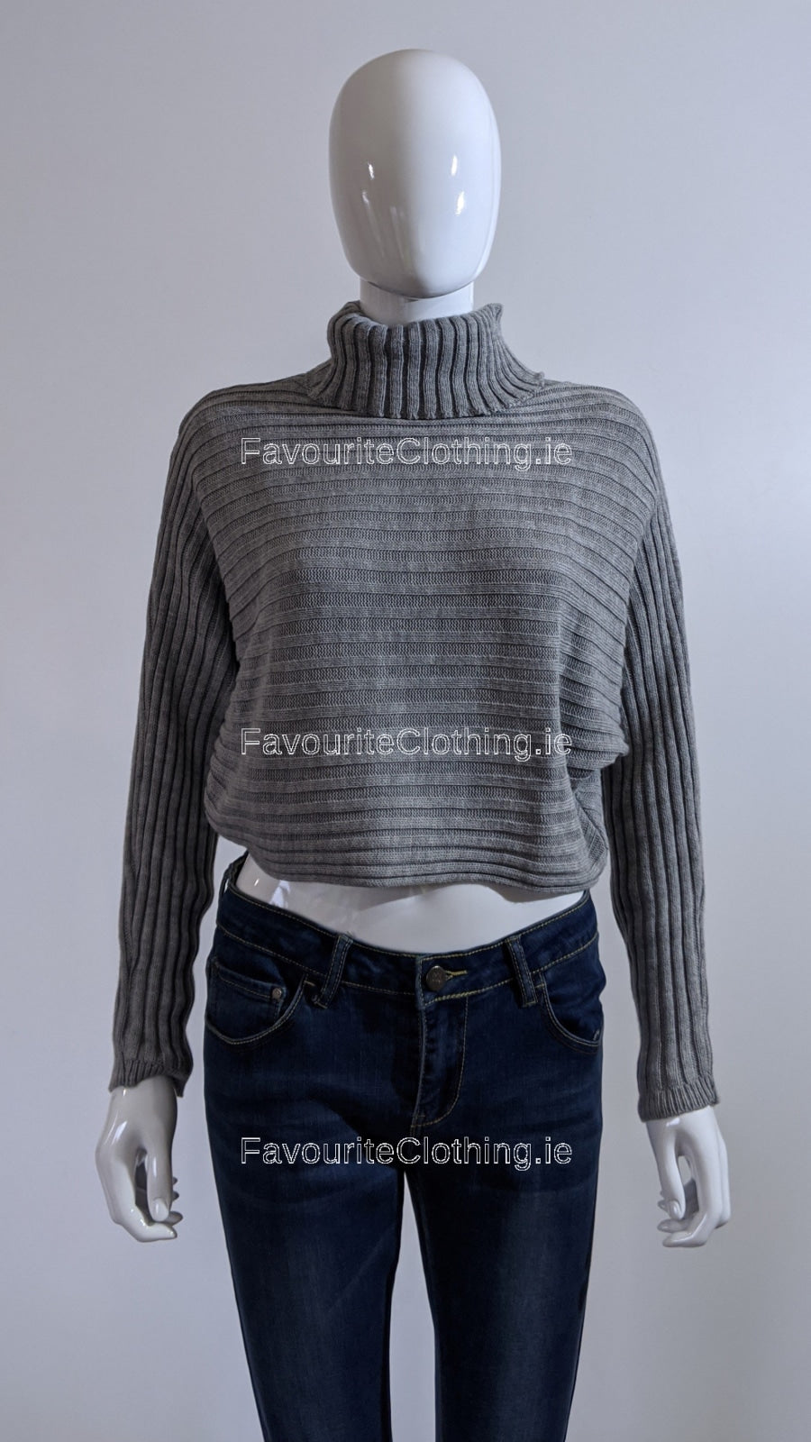 Grey Ribbed Polo Neck Knit Jumper