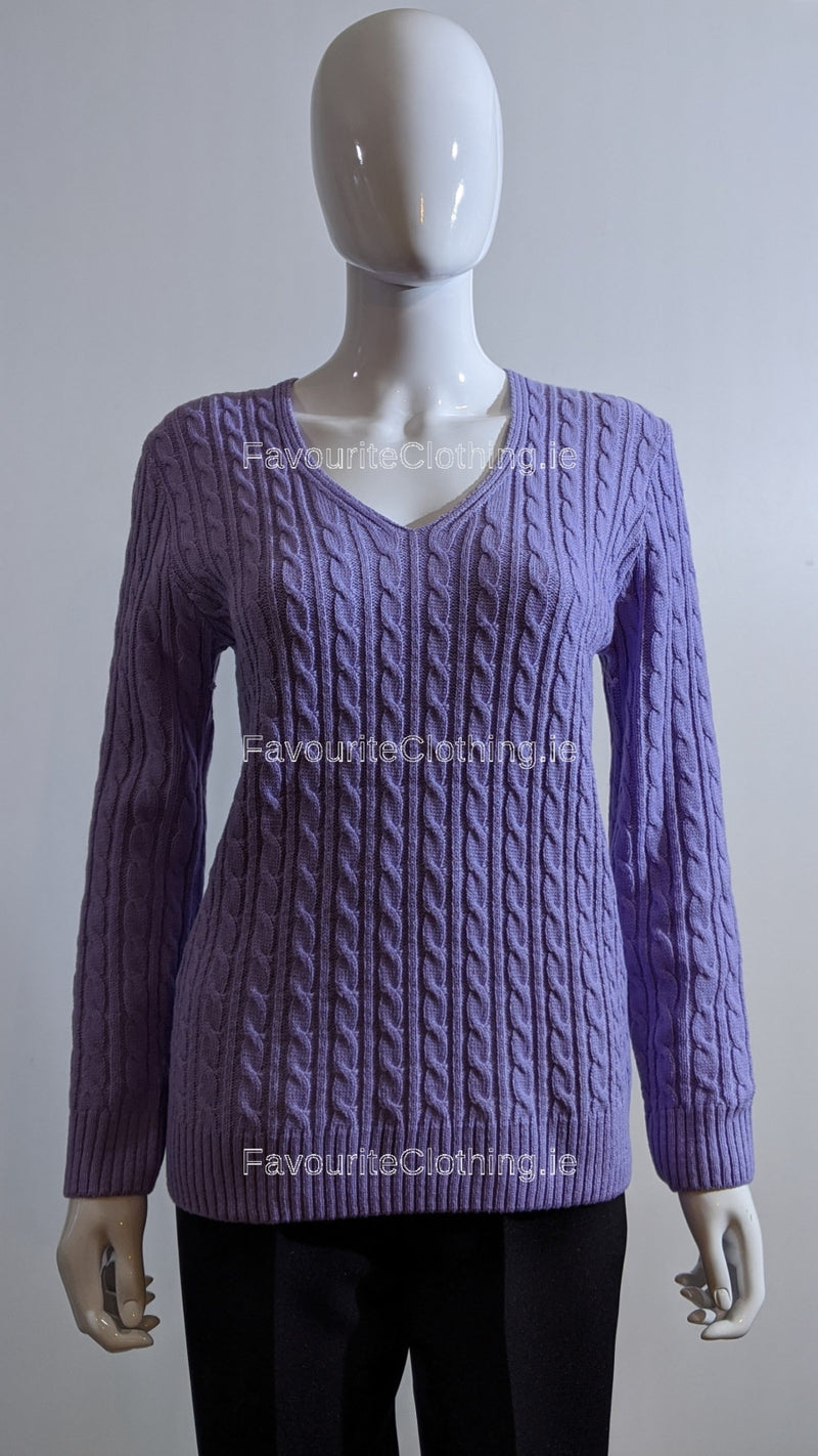 Lavender V-Neck Cable Knit Jumper