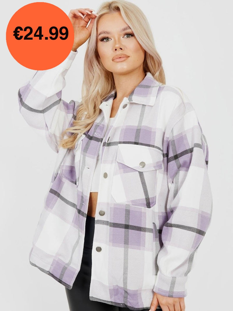 Lilac Purple Oversized Checked Shirt Jacket