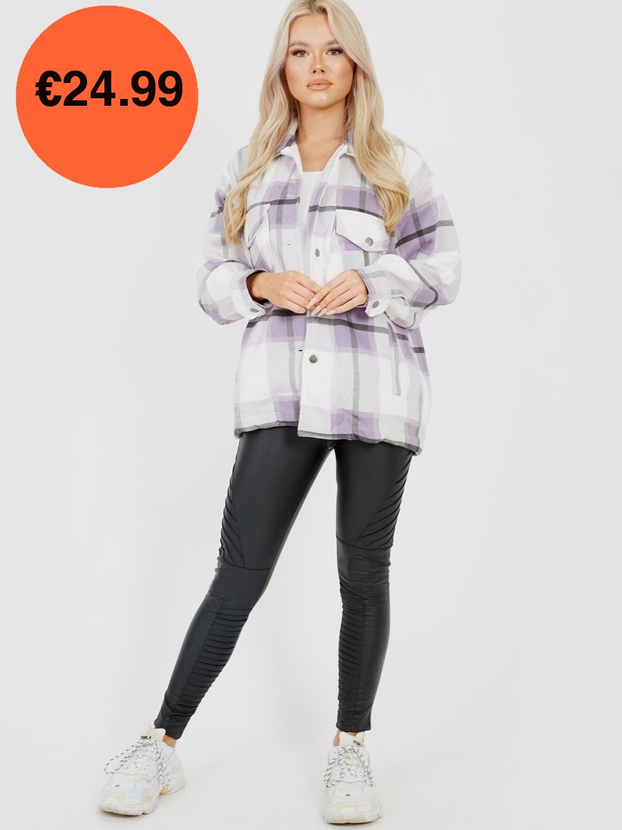 Lilac Purple Oversized Checked Shirt Jacket