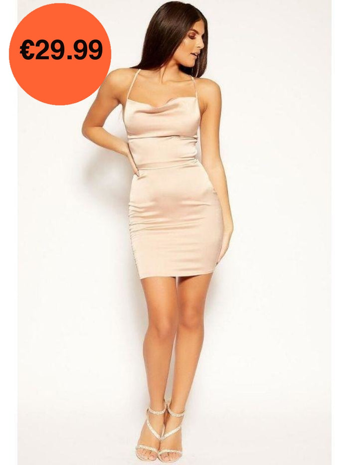 Nude Cowl Neck Bodycon Satin Mini Dress