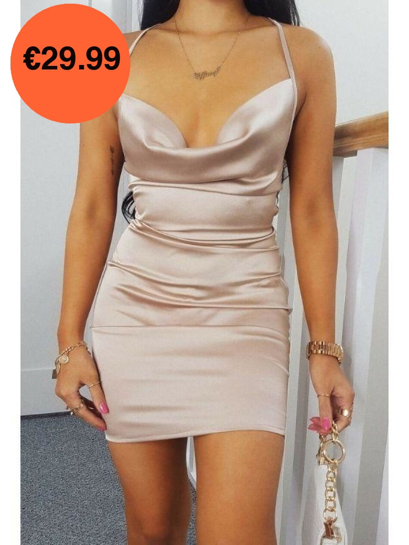 Nude Cowl Neck Bodycon Satin Mini Dress