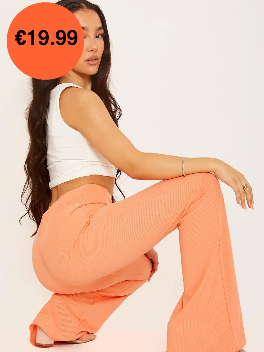 Orange HIgh Waist Ribbed Flared Trousers