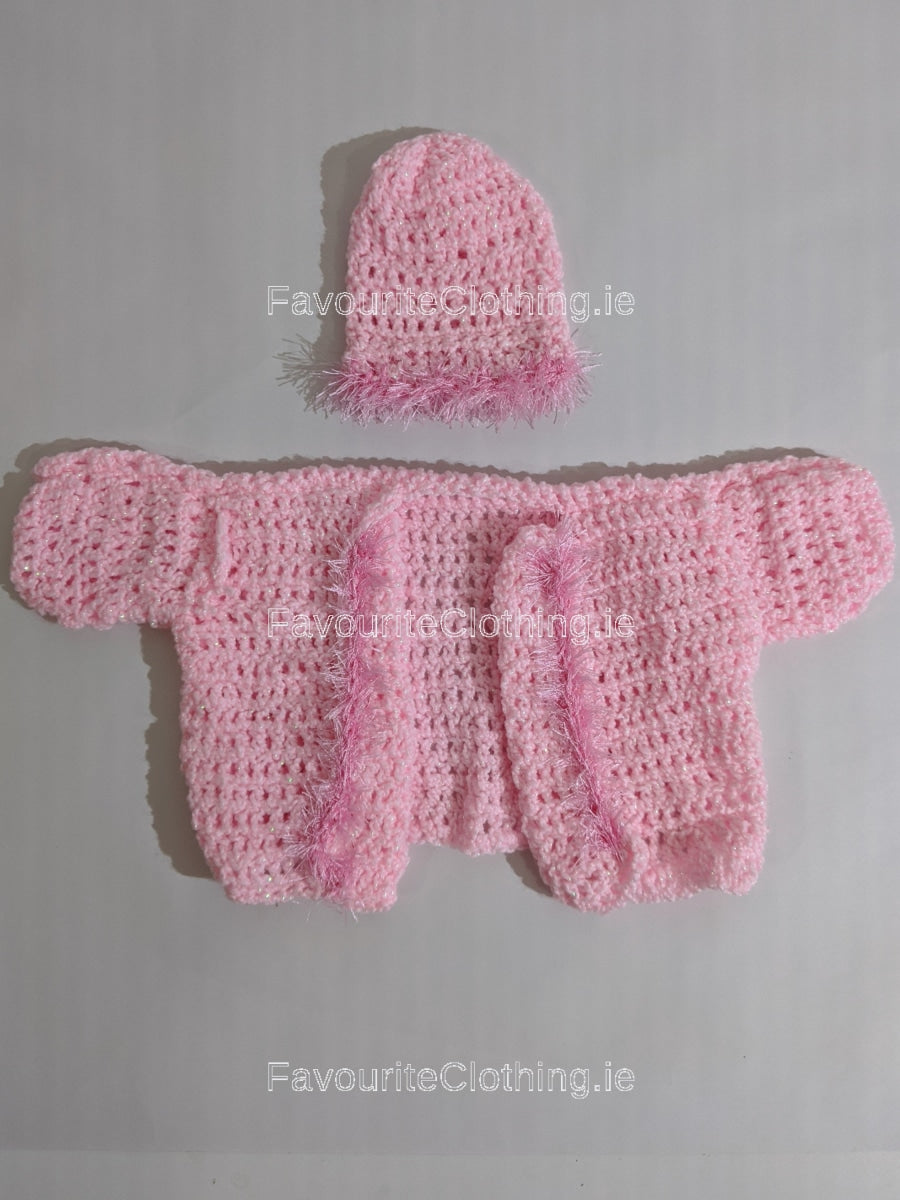 Pink Baby Hand Knitted Jacket and Hat Set