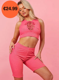 Pink Lace Up Plunge Neck Crop Top & Shorts Co-Ord Set