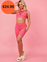 Pink Lace Up Plunge Neck Crop Top & Shorts Co-Ord Set