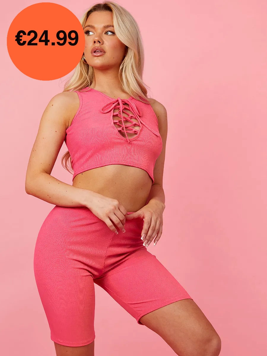 Pink Lace Up Plunge Neck Crop Top & Shorts Co-Ord Set