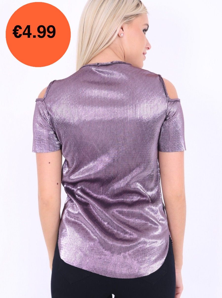 Pink Metallic Pleated Cut Shoulder Top