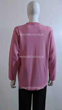 Pink Round Neck Button Pocket Cardigan