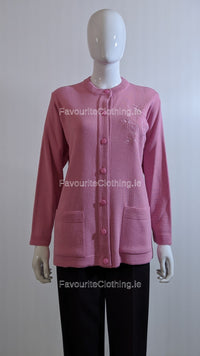 Pink Round Neck Button Pocket Cardigan