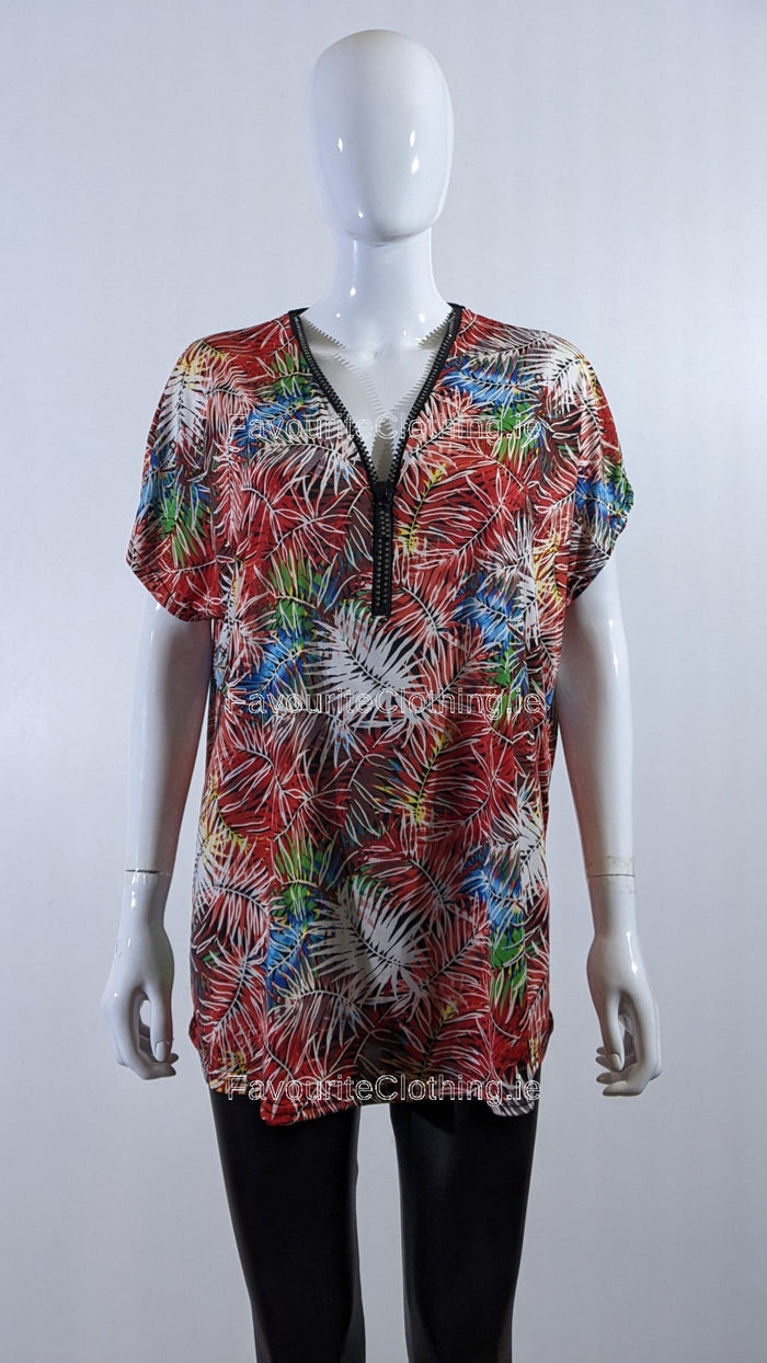 Red Tropical Print Loose Zip Top