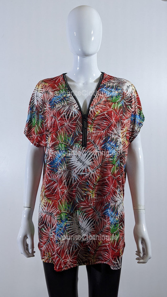 Red Tropical Print Loose Zip Top