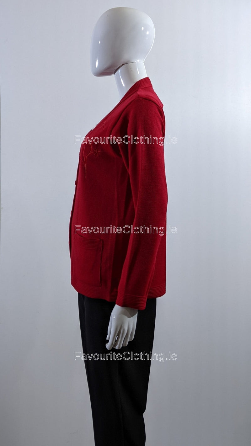 Red V-Neck Button Pocket Cardigan