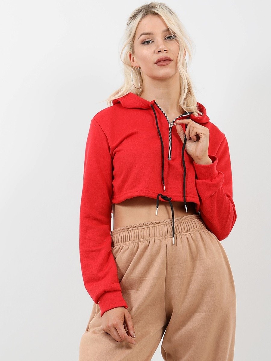 Red Zip Crop Hoodie