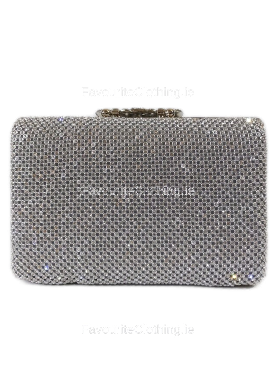 Silver Diamante Embellished Diamond Design Clutch Bag