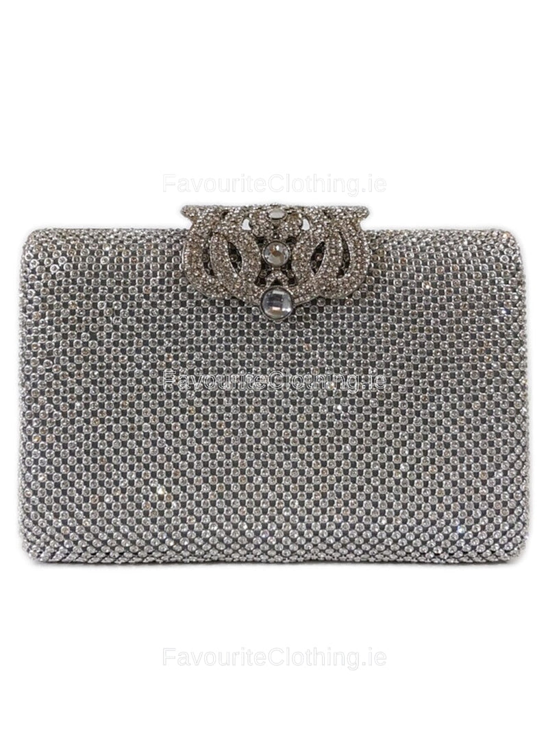 Silver Diamante Embellished Diamond Design Clutch Bag