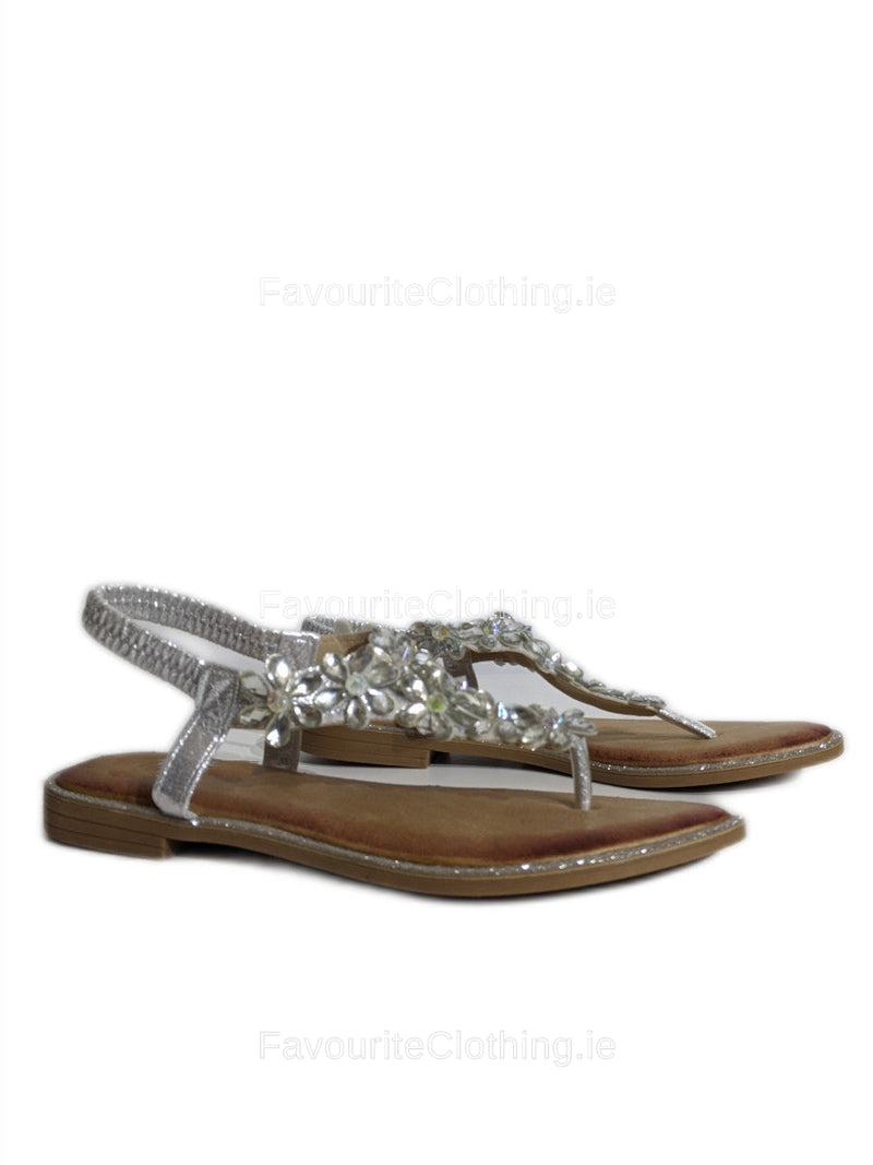 Silver Diamond Elastic Band Cushion Toe Bar Sandals