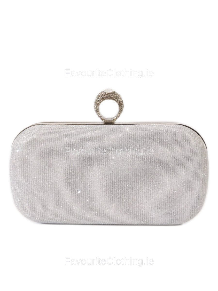 Silver Glitter Diamond Ring Detail Clutch Bag