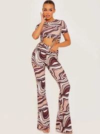 Stone Marble Print Ribbed Flared Trousers