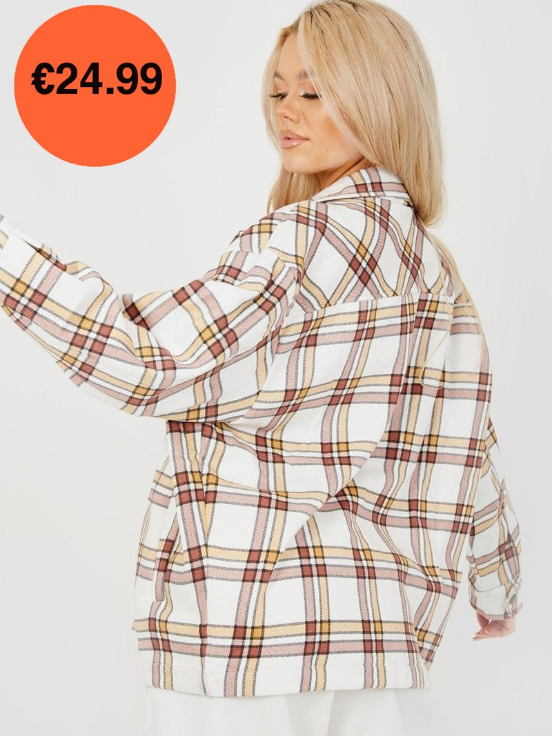 Stone Oversized Checked Shirt Jacket