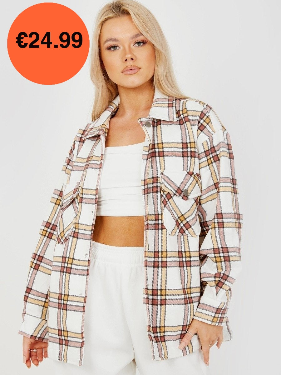 Stone Oversized Checked Shirt Jacket