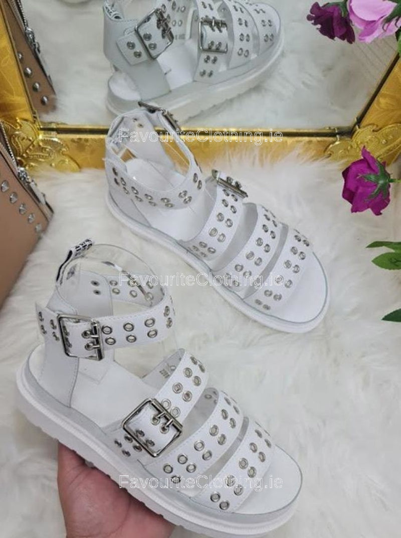 White Eyelet Strap Buckle Platform Sandals