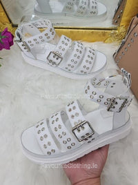 White Eyelet Strap Buckle Platform Sandals