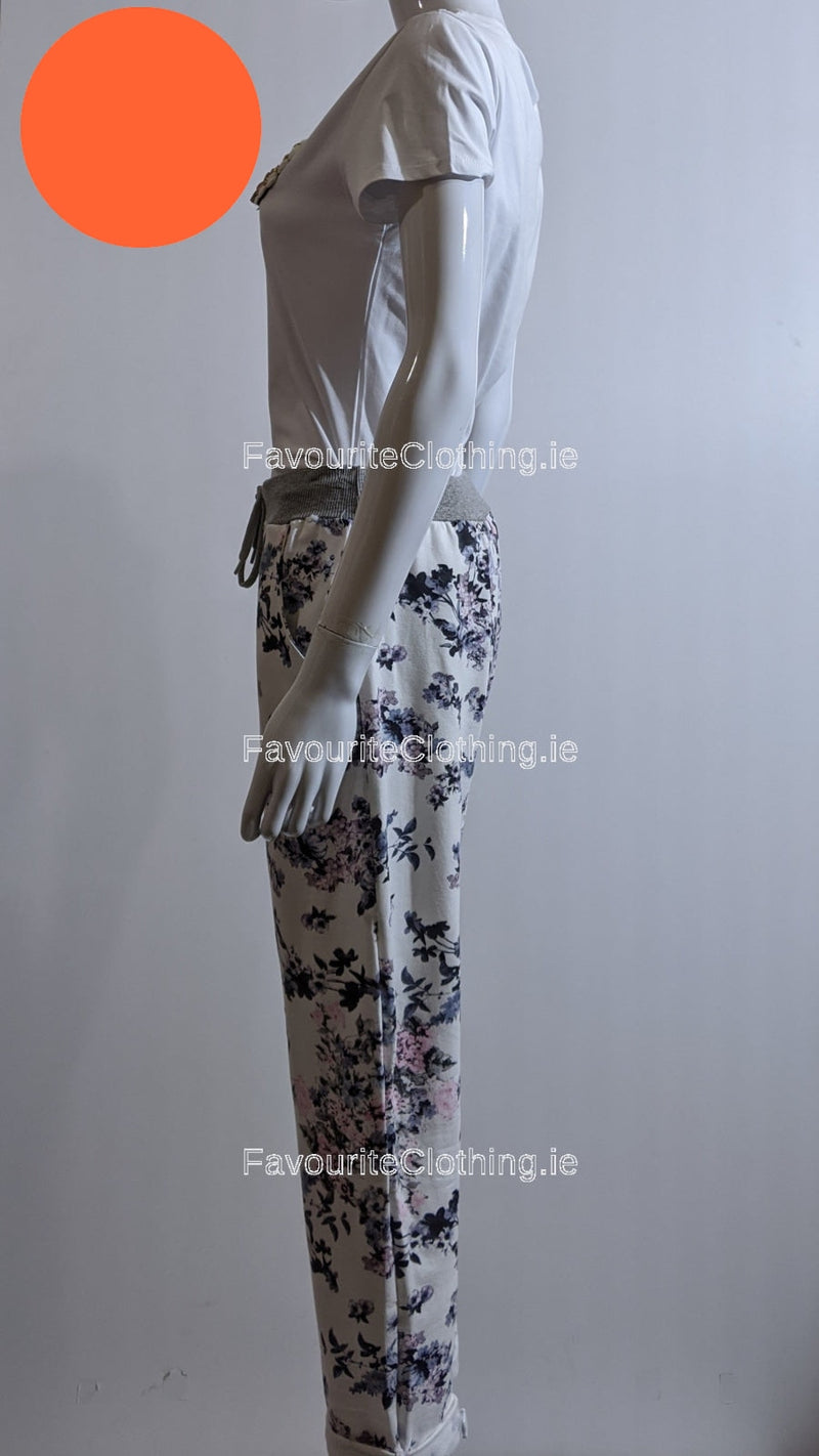 White Navy Floral Print Trouser