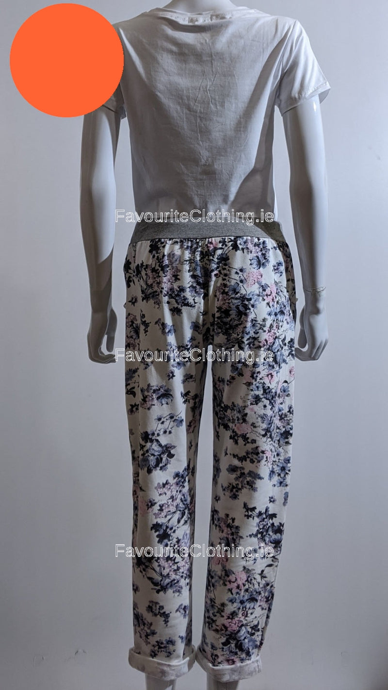 White Navy Floral Print Trouser