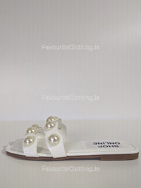 White Pearl Embellished Flat Mule Sliders