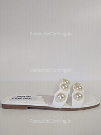 White Pearl Embellished Flat Mule Sliders