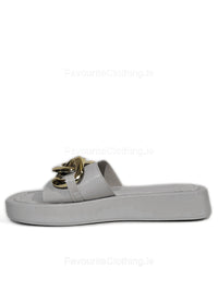 White Thick Sole Platform Sliders with Gold Buckle 