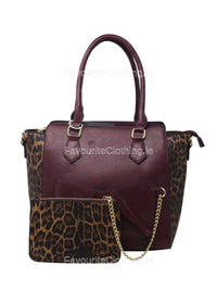 Wine Leopard Tote Bag with Chained Purse