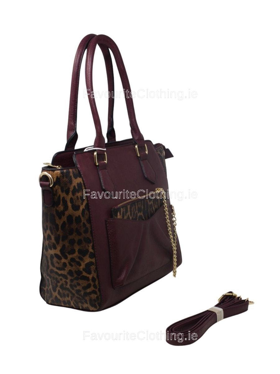 Wine Leopard Tote Bag with Chained Purse