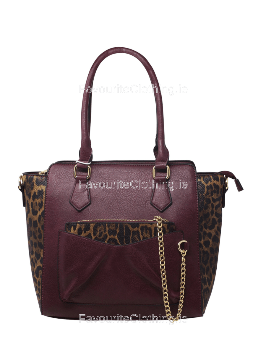 Wine Leopard Tote Bag with Chained Purse