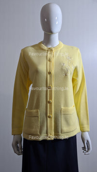 Yellow Round Neck Button Pocket Cardigan